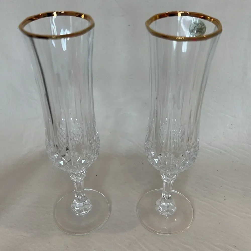 Cristal De Arques Crystal 24 K Gold Trim Long Stem Flutes 8 In Tall 2 In Round